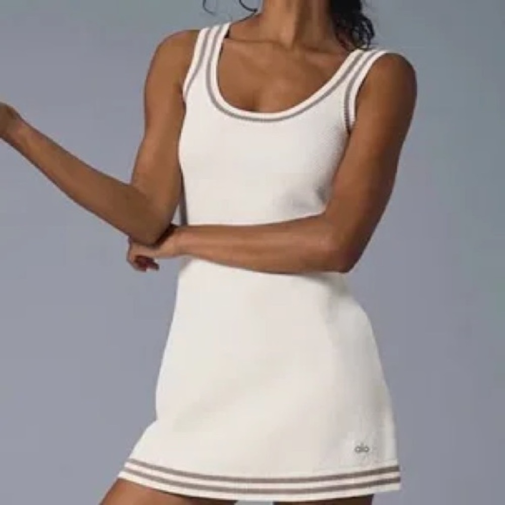 ALO Yoga Tennis Club Knit Tank Dress Color: Gravel/Ivory  Size: XXS - Picture 2 of 9